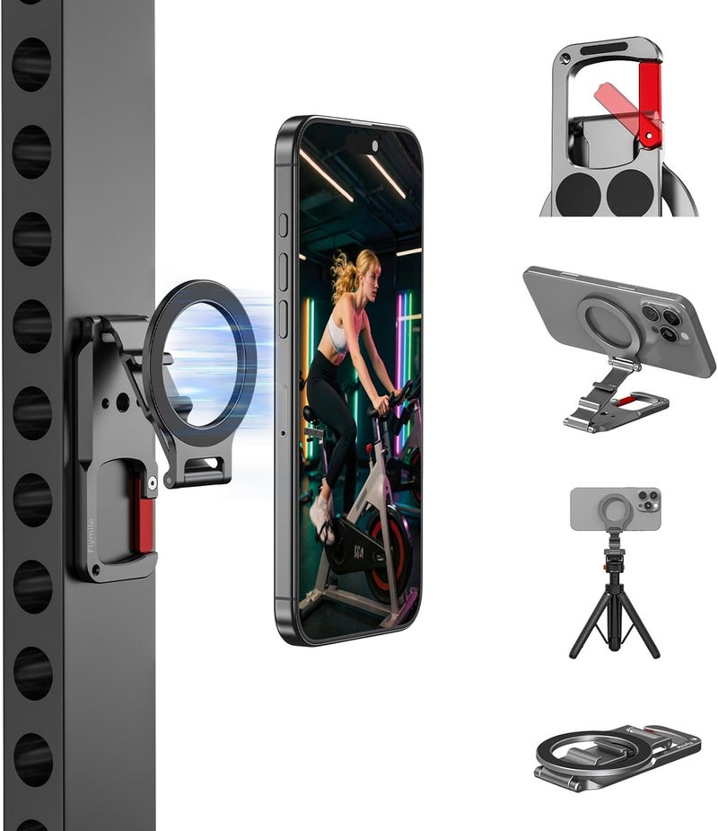 BRDRC Magnetic Phone Mount for MagSafe, Maglock Tripod Adapter Magnet Golf Gym Workout Stand Metal Carabiner Dual Holder with 1/4 Screw Hole, for iPhone 16 15 14 13 12 Series Foldable Portable Accessories - Image 1